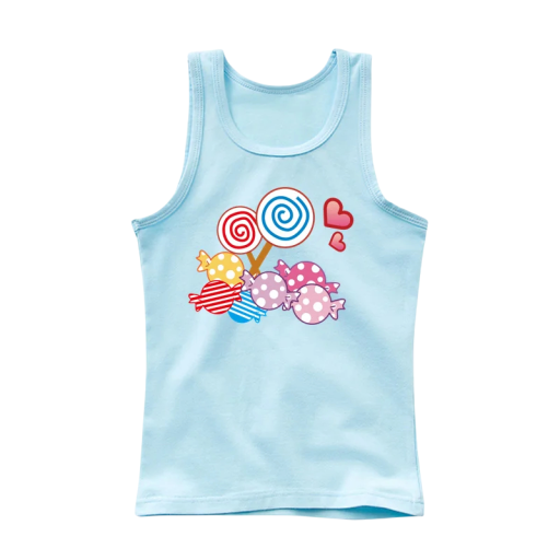 Girls' Summer Sleeveless Top 100% Cotton Plain T-Shirt with Cartoon Lollipop and Sweet Motif Cute Top for Children Various Colours