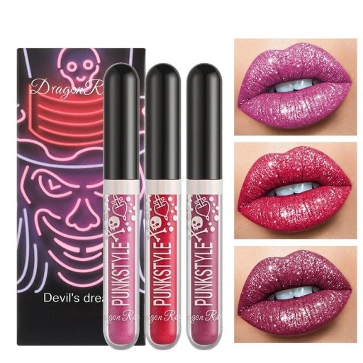 Glanzende lippenstiftset, glitter, waterdichte lippenstift, langdurige lippenstift, 3 stuks