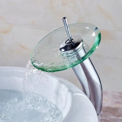 Glass Basin Mixer Tap Waterfall Spout High Body Height 31.5 cm Reach 16.5 cm Connection G1/2 Freestanding Tap for Bathroom