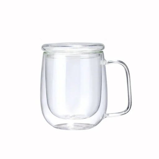 Glass Cup with Double Wall 250 ml 10.5 x 7.5 cm Heat Resistant Mug with Square Handle and Lid Thermal Glass for Tea, Coffee, Latte