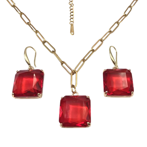 Glass Jewellery Set Necklace and Earrings 48+5 cm Colourful Clear Square Pendant in Stainless Steel Elegant Fashion Accessory