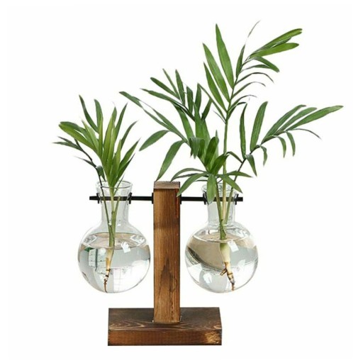 Glass Table Vase on Wooden Base 13.5 x 10 cm 2 Removable Bulb-Shaped Glasses Hydroponic Growing Home Decoration