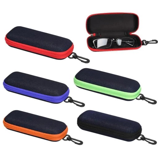 Glasses Case 16.2 x 6.6 x 4.2 cm Zipped Textile Case in Denim with Carabiner Protective Hard Case for Sunglasses and Reading Glasses
