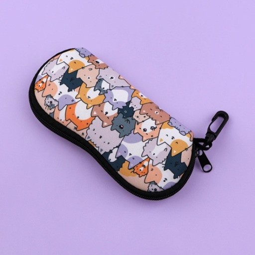 Glasses Case 17.9 x 8.5 cm with Cat Design Zip Case with Carabiner Patterned Protective Case for Sunglasses and Prescription Glasses