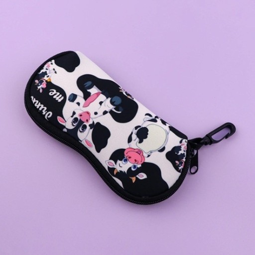 Glasses Case 17.9 x 8.5 cm with Cow Design Zipper Case with Carabiner Protective Cover for Sunglasses and Prescription Glasses on the Go