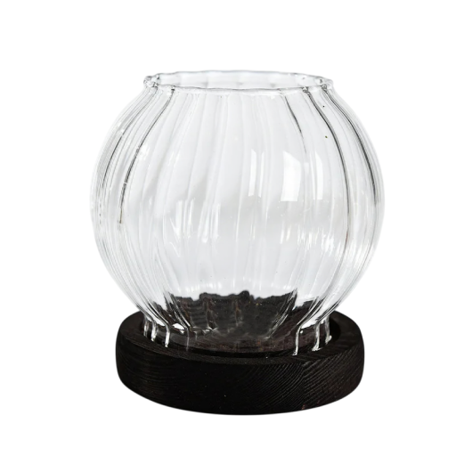 Glazen kandelaar 10 × 9,5 × 4 cm Transparante ronde retro kandelaar met houten voet Winddichte hoes Tafeldecoratie Bruiloftsornament