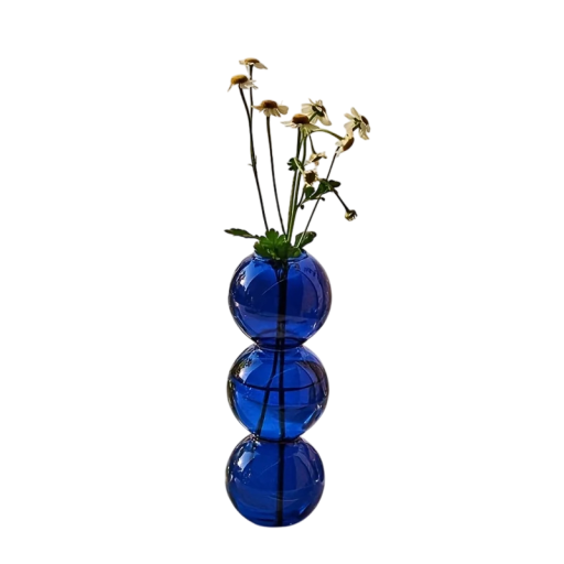 Glazen vaas 17 cm Pareldecoratie Bolvormig design Diameter 6 cm Kleur blauw of roze Modern woonaccessoire voor op tafel