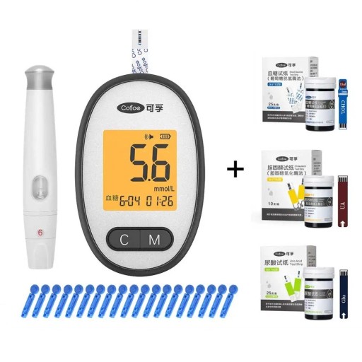 Glicómetro 3 em 1 para medição de glicose, colesterol e ácido úrico com 60 tiras e 60 lancetas com caneta de punção branca para medição em casa