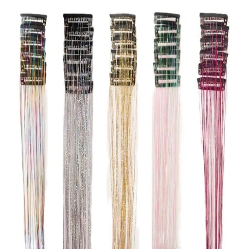 Glitrende hårstrå på clips 50 cm, sæt med 12 stk, clip-in tinsel til udsmykning af frisuren, skinnende hårtilbehør til damer