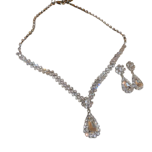 Glitterende stenen halsketting 33+11 cm en oorbellen 2.9 cm Geometrische druppels Bruiloft en bruidssieraden set voor vrouwen