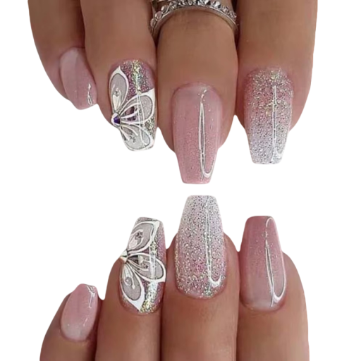 Glitzernde Ombre-Nägel mit Schmetterlingen 24 Stück Acryl-Tips Coffin-Form Mittlere Länge Aufklebende künstliche Nägel für die Hände