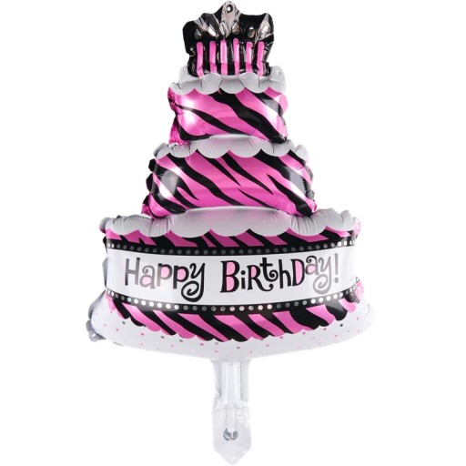 Globo en forma de pastel de cumpleaños con velas para la celebración Rosa con rayas de cebra y el letrero de Feliz Cumpleaños Papel de aluminio 29 x