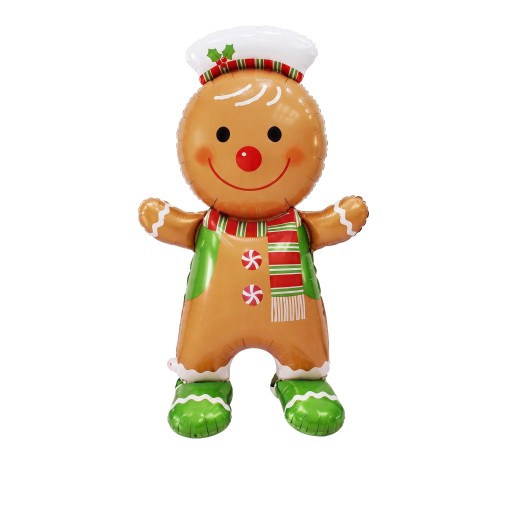 Globo inflable de pie en forma de galleta de jengibre con gorro y bufanda 155 x 81 cm Marrón verde y rojo Gran decoración navideña para el hogar