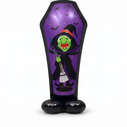 Globo inflable en forma de ataúd con bruja Decoración de Halloween 110 x 57 cm Globo de foil Morado y negro Decoración para Halloween y fiestas