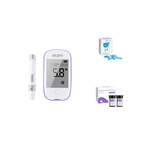 Glucometro para medição de glicose 20–600 mg/dL 1,1–33,3 mmol/l 500 memórias teste de 5s 0,6 μl amostra Conjunto de 50 tiras e 50 lancetas com caneta de punção Sem bateria