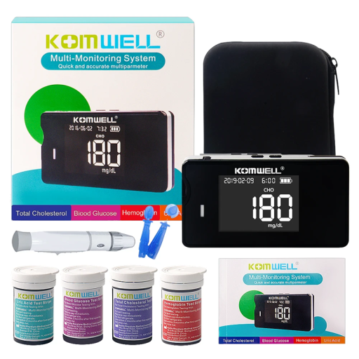 Glucometru medical multifuncțional 4 în 1, colesterol, acid uric, hemoglobină, 40 de lancete, 4x10 benzi, pungă, stilou de prelevare a probelor