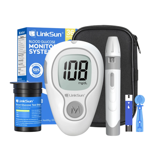 Glucometru pentru măsurarea glicemiei cu sondă de prelevare, 10 benzi de testare, lancete și o cutie de 90 x 54 x 23 mm pentru 2 baterii AAA