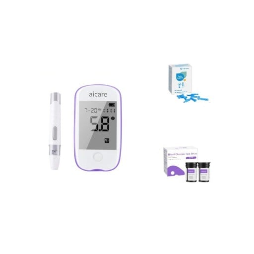 Glucometru pentru măsurarea glucozei 20–600 mg/dL 1,1–33,3 mmol/l 500 memorie test 5s 0,6 μl probă Set 50 benzi și 50 lancete cu stilou de prelevare Fără baterie