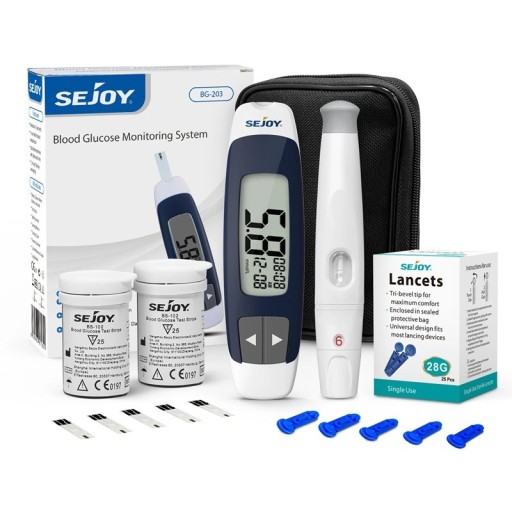 Glucometru Sejoy BG-203 set cu 50 benzi și 50 lancete memorie 360 măsurători rezultat în 5 s în mmol/l și mg/dl alb-albastru cu husă
