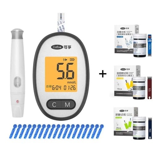 Glukometr 3v1 na meranie glukózy cholesterolu a kyseliny močovej sada s 60 prúžkami a 60 lancetami s odberovým perom biely na domáce meranie