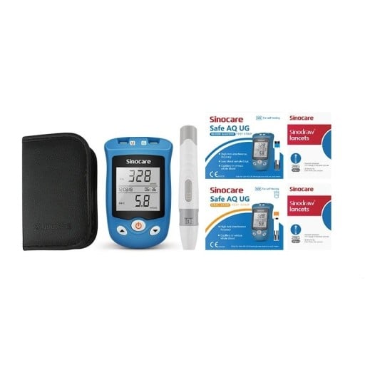 Glukometr Safe AQ UG na glukózu i kyselinu močovú v mmol/l sada so 100 prúžkami a 100 lancetami odberovým perom a puzdrom pamäť 100 meraní