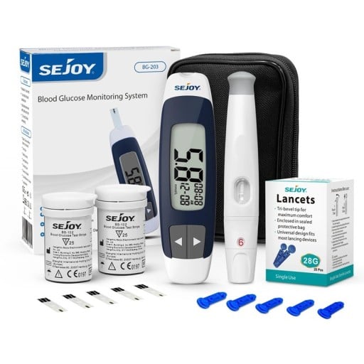 Glukometr Sejoy BG-203 sada s 50 proužky a 50 lancetami paměť 360 měření výsledek za 5 s v mmol/l i mg/dl bílo-modrý s pouzdrem