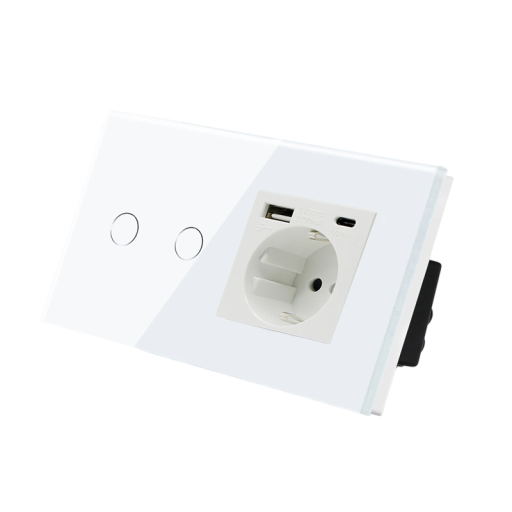 Gniazdo typu F z ładowaniem USB i USB-C Przełącznik dotykowy 2-kanałowy z ramką montażową Biały panel ścienny do instalacji elektrycznych domowych