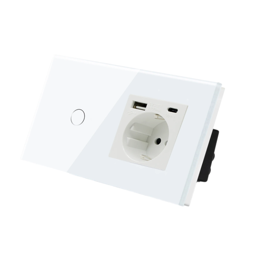 Gniazdo typu F z wyjściami USB i USB-C z 1-krotnym wyłącznikiem dotykowym i ramką montażową naścienną Nowoczesne gniazdo elektryczne 230 V