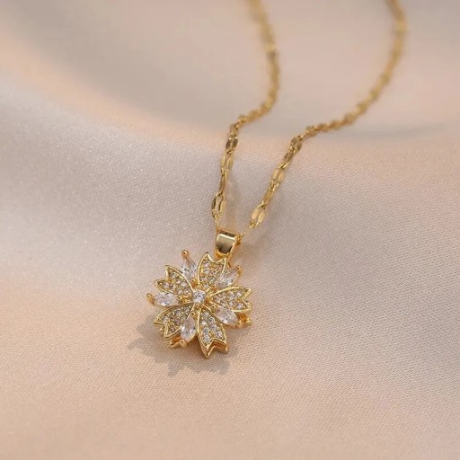Gold-Coloured Necklace with Floral Pendant Approximately 15 mm, Clear Sparkling Stones, Chain 40 + 5 cm, Delicate Decorative Jewellery