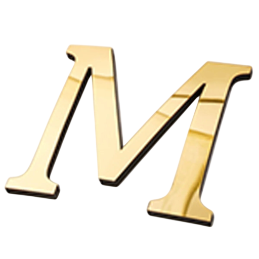 Goldene Buchstabe M mit einer Höhe von 20 cm und selbstklebender Rückseite, polierter Oberfläche, zwei senkrechten Strichen, innerem Spitz und Füßen für Beschriftungen ohne Bohren