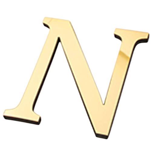 Goldene Buchstabe N mit einer Höhe von 20 cm, selbstklebender Rückseite, polierter Oberfläche, zwei vertikalen Strichen, schräger Verbindung und Füßen für Beschriftungen ohne Bohren