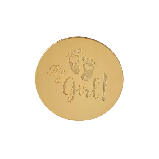 Goldene Dekofigur 4,95 cm mit der Aufschrift It&#39;s a girl Runde Tischdeko Tortendeko Baby-Geschlechtsanzeige