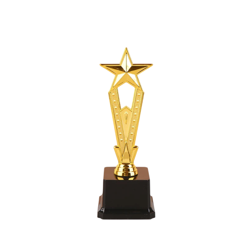 Goldene Sternen-Trophäe mit Strahlensäule 22 cm hoch Breite 6,8 cm mit schwarzem Sockel Kunststoff für Wettbewerbe Turniere Camps und Auszeichnungen der Gewinner
