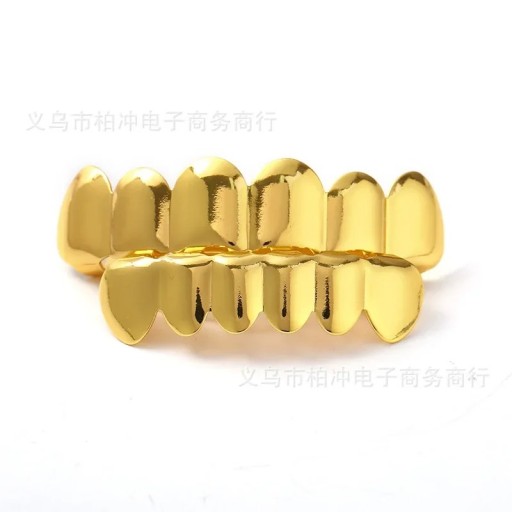 Goldenes Hip-Hop-Grillz-Set für Ober- und Unterteil mit glänzendem Finish, Silikon-Anpassungs-Zahnschmuck für Männer und Frauen, Kostümzubehör