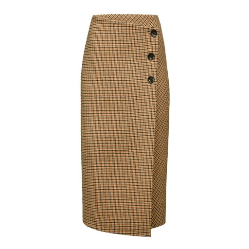 Gonna midi a quadri da donna con drappeggio e bottoni Motivo marrone delicato Lana con poliestere Gonna elegante per ogni giorno