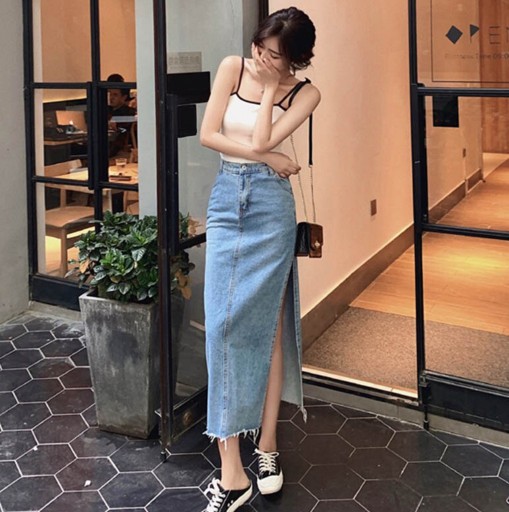 Gonna midi in denim da donna con alta spacco