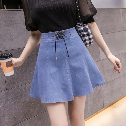 Gonna mini in denim da donna con lacci A1983