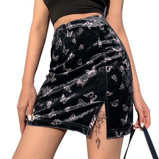 Gonna mini nera da donna con motivo di farfalle Gonna aderente sopra il ginocchio con spacco e superficie lucida Poliestere cotone e spandex