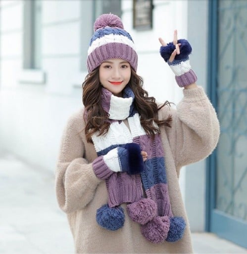 Gorro de inverno de senhora com cachecol e luvas