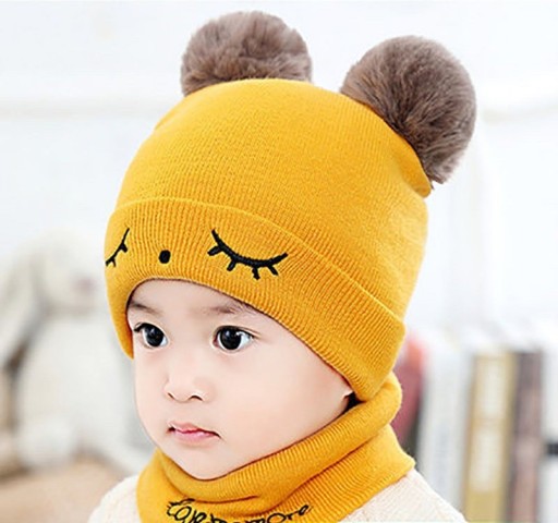 Gorro de invierno infantil con pompones y calentador de cuello