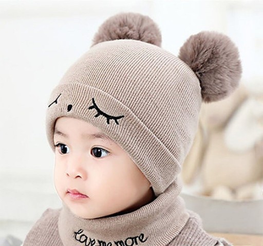 Gorro de invierno infantil con pompones y calentador de cuello