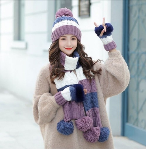Gorro de invierno para mujer con bufanda y guantes.