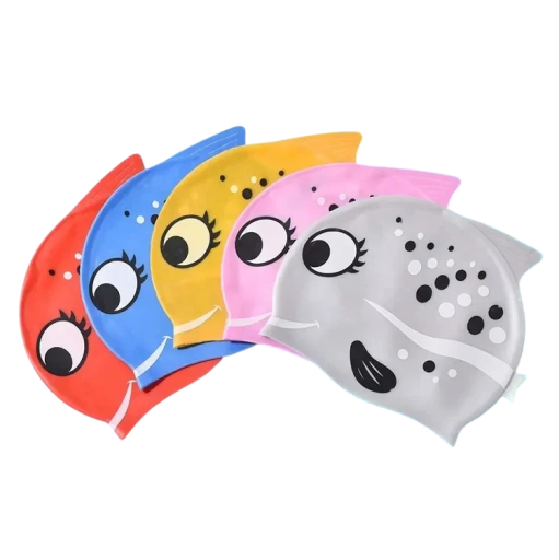 Gorro de natación de silicona para niños QILANG S con diseño de pez y patrón de dibujos animados 21 x 19,5 cm Para natación, entrenamiento y piscina para niños a partir de 3 años