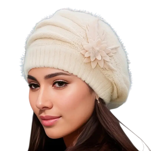 Gorro de punto de invierno para mujer con flor Gorro de lana de felpa gruesa Poliéster Sombrero elegante y cálido para mamás Varios colores Estilo de otoño e invierno
