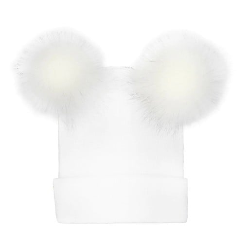 Gorro de punto para mujer con dos pompones de piel sintética Gorro cálido con dobladillo Tela de punto de algodón para días fríos