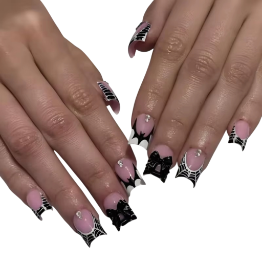 Gotisches Set mit 24 Stück quadratischen Acrylnägeln im Halloween-Design Spinnweben Fledermäuse Kleber Feile für Frauen und Mädchen