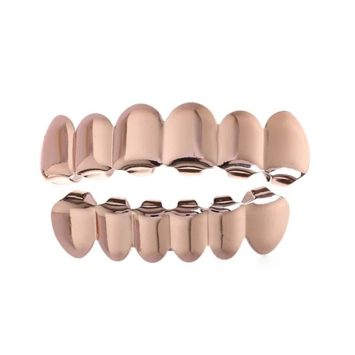 Gouden Hip Hop Grillz Top en Bottom Set met glanzende afwerking, siliconen personalisatie voor tandheelkundige sieraden voor mannen en vrouwen, kostuumaccessoire
