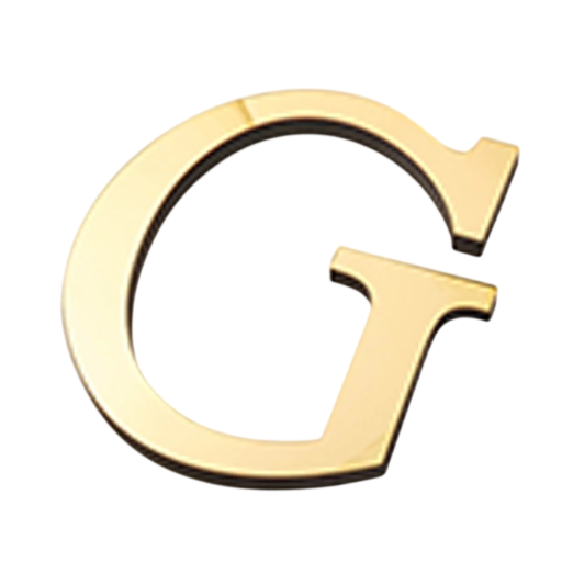 Gouden letter G van 20 cm hoog met zelfklevende achterkant, gepolijste oppervlakte, afgerond met een horizontale dwarsbalk en voetstukken zonder boren