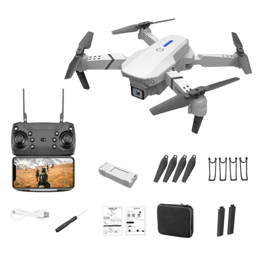 Grå foldbar drone 25x25 cm 4K/HD dobbeltkamera WiFi Fjernbetjening 150m rækkevidde Standere Propelstel USB Beskyttelsesetui 1800mAh