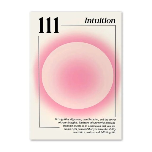 Graafinen juliste seinälle numerolla 111 ja intuitioteemalla 40 x 60 cm kangastulostus vaaleanpunainen pyöreä gradientti ilman kehystä sisustuselementti